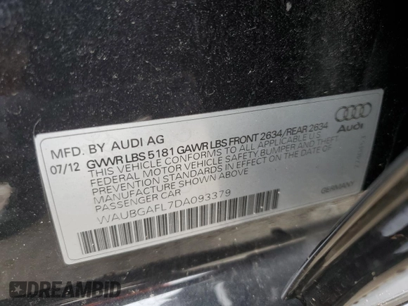 2013 Audi S4 Premium Plus with VIN WAUBGAFL7DA093379, listed as a Copart auction lot 64291054 with 92,604 mi miles and Salvage Title. Bid and sale history available at carsss.com. Image 12.