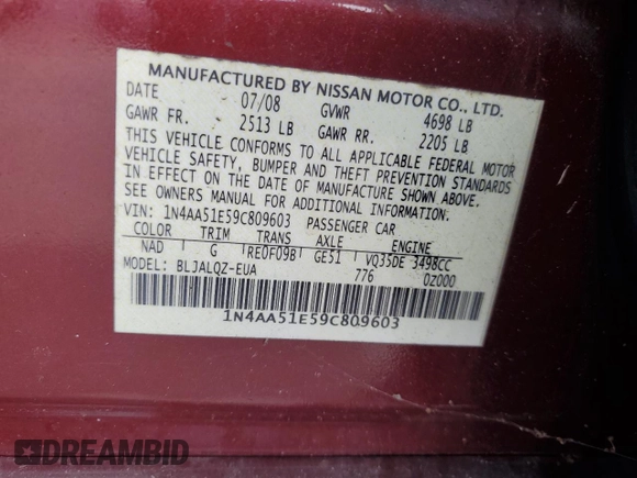 2009 Nissan Maxima SV with VIN 1N4AA51E59C809603, listed as a Copart auction lot 54609295 with 210,603 mi miles and Clean Title. Bid and sale history available at DreamBid. Image 12.