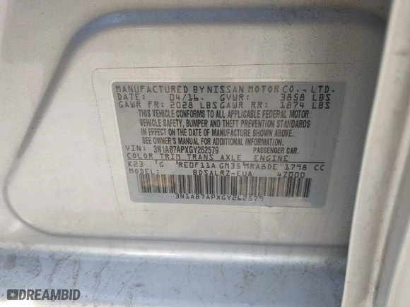 2016 Nissan Sentra S with VIN 3N1AB7APXGY262579, listed as a IAAI auction lot 42014911 with 101,945 mi miles. Bid and sale history available at carsss.com. Image 9.