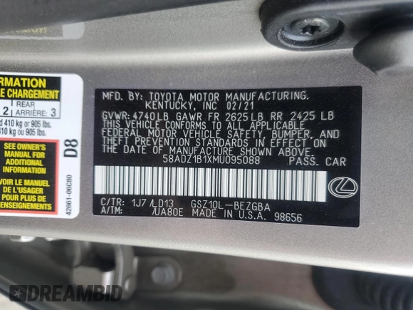 2021 Lexus ES 350 with VIN 58ADZ1B1XMU095088, listed as a Copart auction lot 55214265 with 46,418 mi miles and Salvage Title. Bid and sale history available at DreamBid. Image 12.