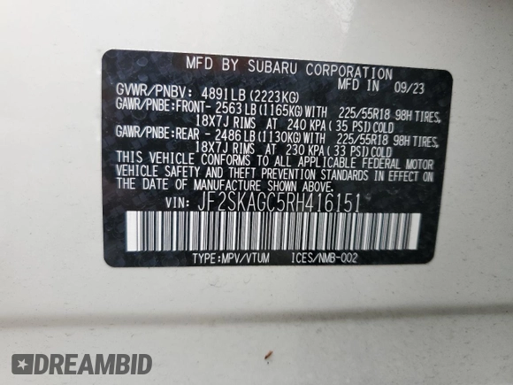 2024 Subaru Forester Special Sports with VIN JF2SKAGC5RH416151, listed as a Copart auction lot 53538145 with 21,665 mi miles and Salvage title. Bid and sale history available at DreamBid. Image 12.