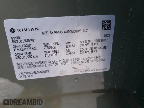 2022 Rivian R1S Launch Edition with VIN 7PDSGABL5NN001035, listed as a Copart auction lot 77188564 with Not Provided miles and Salvage Title. Bid and sale history available at carsss.com. Image 14.