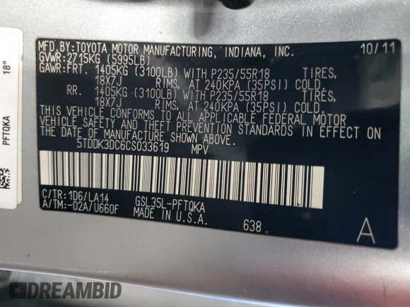 2012 Toyota Sienna XLE with VIN 5TDDK3DC6CS033619, listed as a Copart auction lot 52603245 with 225,740 mi miles and Clean Title. Bid and sale history available at carsss.com. Image 13.