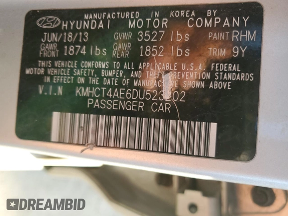 2013 Hyundai Accent GLS with VIN KMHCT4AE6DU523202, listed as a Copart auction lot 52568315 with 126,806 mi miles and Salvage Title. Bid and sale history available at carsss.com. Image 12.