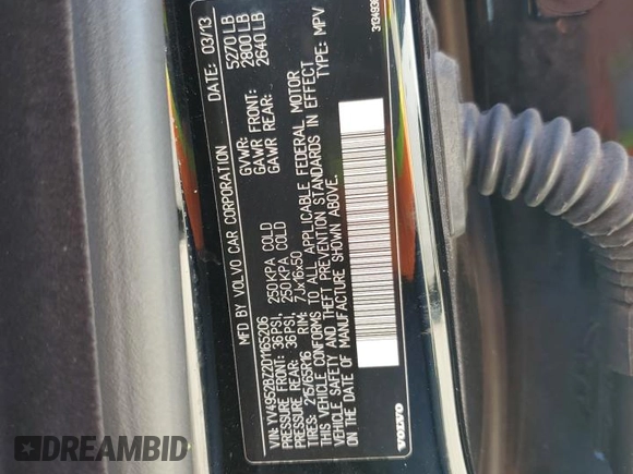 2013 Volvo XC70 3.2L with VIN YV4952BZ2D1165206, listed as a Copart auction lot 75214584 with Not Provided miles and Non Repairable. Bid and sale history available at DreamBid. Image 13.