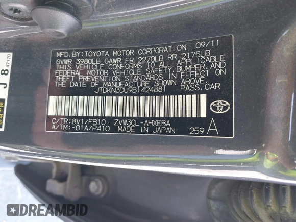 2011 Toyota Prius I z VIN JTDKN3DU9B1424881, wystawiony jako IAAI lot #42462141 z przebiegiem 184 611 mil mil oraz . Historia ofert i sprzedaży dostępna na DreamBid. Obrazek 9.