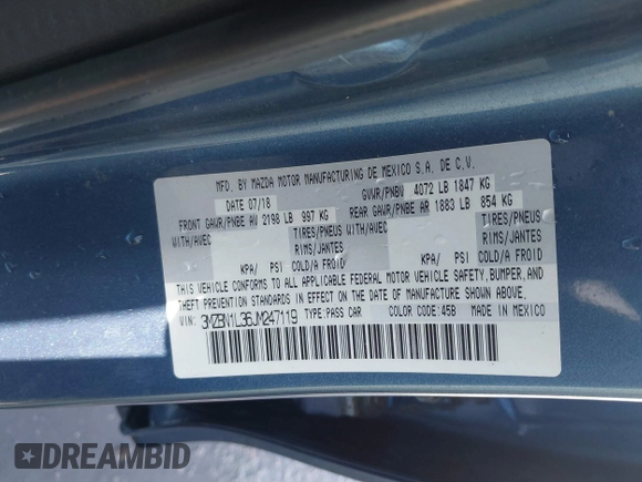 2018 Mazda 3 Touring with VIN 3MZBN1L36JM247119, listed as a IAAI auction lot 41724711 with 45,343 mi miles. Bid and sale history available at carsss.com. Image 9.