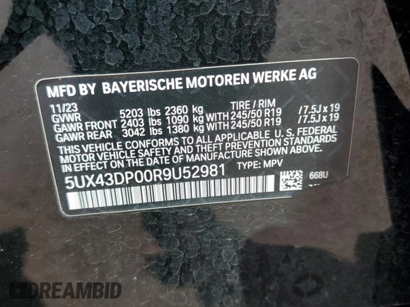 2024 BMW X3 sDrive30i with VIN 5UX43DP00R9U52981, listed as a Copart auction lot 45053885 with 29,463 mi miles and Clean Title. Bid and sale history available at DreamBid. Image 13.
