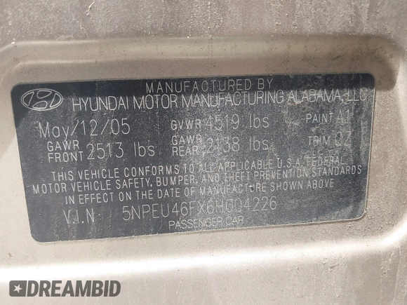 2006 Hyundai Sonata GLS with VIN 5NPEU46FX6H004226, listed as a IAAI auction lot 42125588 with 131,710 mi miles and . Bid and sale history available at DreamBid. Image 9.