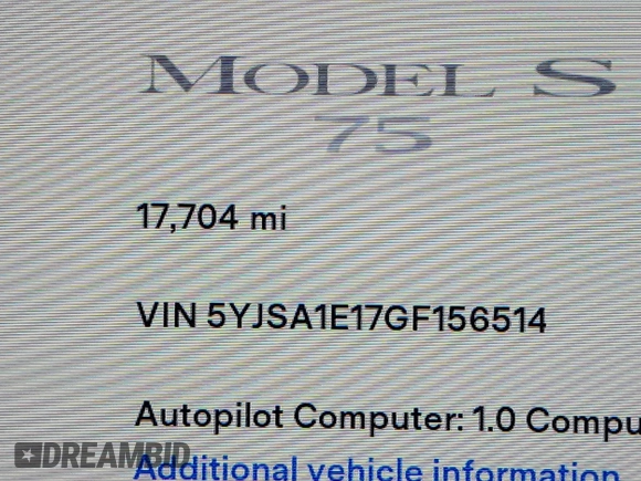 2016 Tesla Model S 70 with VIN 5YJSA1E17GF156514, listed as a IAAI auction lot 41869006 with 17,704 mi miles and . Bid and sale history available at DreamBid. Image 15.