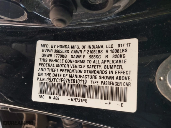 2017 Honda Civic Sedan Touring with VIN 19XFC1F97HE010119, listed as a IAAI auction lot 41310427 with 108,443 mi miles. Bid and sale history available at carsss.com. Image 9.