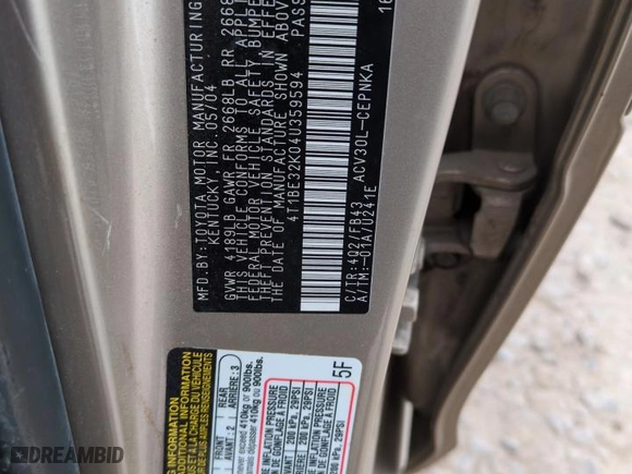 2004 Toyota Camry LE with VIN 4T1BE32K04U359594, listed as a Copart auction lot 51010745 with 197,432 mi miles and Salvage Title. Bid and sale history available at carsss.com. Image 12.