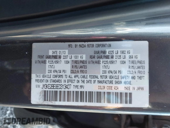 2014 Mazda CX-5 Sport with VIN JM3KE2BE8E0313407, listed as a IAAI auction lot 41215428 with 120,387 mi miles and . Bid and sale history available at carsss.com. Image 9.