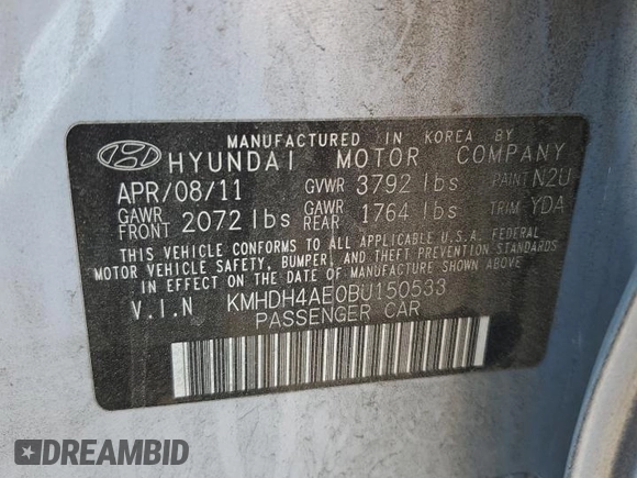 2011 Hyundai Elantra GLS with VIN KMHDH4AE0BU150533, listed as a Copart auction lot 60357125 with 51,718 mi miles and Salvage title. Bid and sale history available at DreamBid. Image 12.
