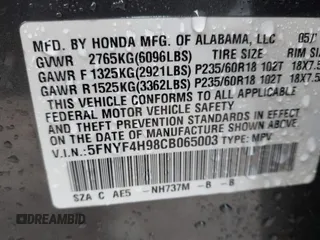 2012 Honda Pilot Touring with VIN 5FNYF4H98CB065003, listed as a IAAI auction lot 41989829 with 91,607 mi miles and . Bid and sale history available at DreamBid. Image 9.