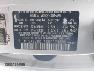 2013 Hyundai Santa Fe Sport z VIN 5XYZUDLA8DG079795, wystawiony jako IAAI lot #42035743 z przebiegiem 170 321 mil mil oraz . Historia ofert i sprzedaży dostępna na DreamBid. Obrazek 9.