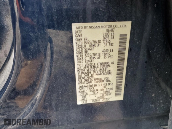 2008 Nissan Titan XE with VIN 1N6AA07D38N314389, listed as a Copart auction lot 47661005 with 145,244 mi miles and Salvage Title. Bid and sale history available at carsss.com. Image 12.