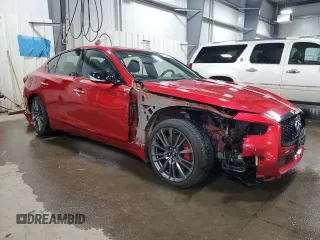2021 Infiniti Q50 Red Sport 400 with VIN JN1FV7DR0MM880308, listed as a Copart auction lot 86103434 with 27,845 mi miles and Salvage Title. Bid and sale history available at DreamBid. Image 4.