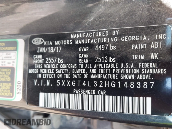 2017 Kia Optima LX with VIN 5XXGT4L32HG148387, listed as a IAAI auction lot 42647930 with 144,830 mi miles and . Bid and sale history available at DreamBid. Image 9.