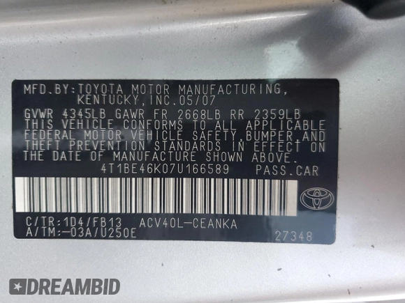 2007 Toyota Camry CE with VIN 4T1BE46K07U166589, listed as a Copart auction lot 85113434 with 257,214 mi miles and Clean Title. Bid and sale history available at DreamBid. Image 14.