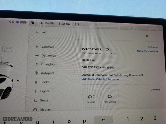 2019 Tesla Model 3 Mid Range with VIN 5YJ3E1EAXKF435652, listed as a Copart auction lot 43217615 with 85,353 mi miles and Salvage Title. Bid and sale history available at carsss.com. Image 9.