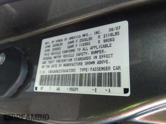 2007 Acura TL with VIN 19UUA66237A047393, listed as a IAAI auction lot 38734178 with 999,999 mi miles. Bid and sale history available at carsss.com. Image 9.