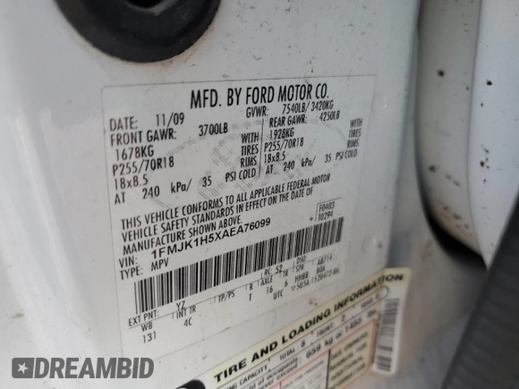 2010 Ford Expedition EL XLT with VIN 1FMJK1H5XAEA76099, listed as a Copart auction lot 83591344 with 275,953 mi miles and Salvage Title. Bid and sale history available at carsss.com. Image 13.