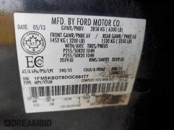 2013 Ford Explorer Sport with VIN 1FM5K8GT8DGC88177, listed as a Copart auction lot 55793005 with 197,816 mi miles and Clean title. Bid and sale history available at DreamBid. Image 13.