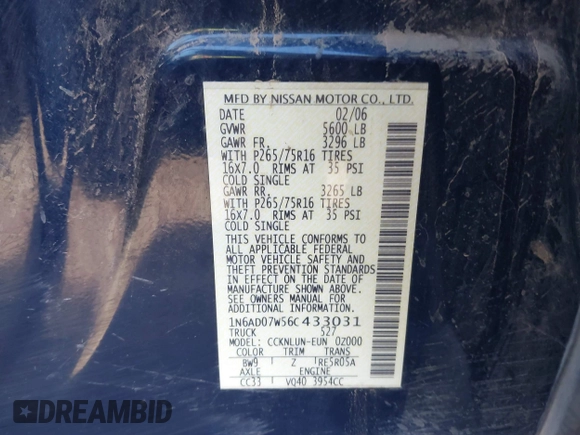 2006 Nissan Frontier SE z VIN 1N6AD07W56C433031, wystawiony jako IAAI lot #41382847 z przebiegiem 80 576 mil mil oraz . Historia ofert i sprzedaży dostępna na DreamBid. Obrazek 9.