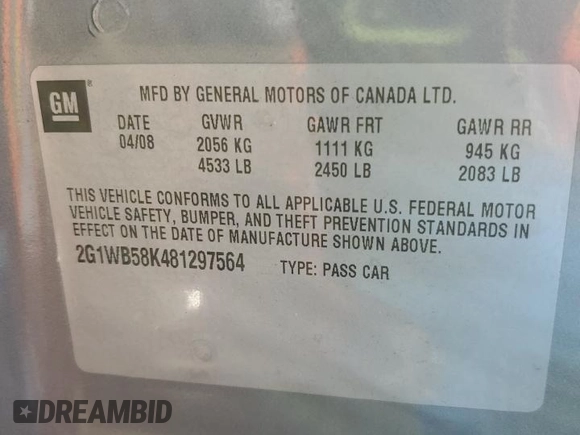 2008 Chevrolet Impala LS with VIN 2G1WB58K481297564, listed as a Copart auction lot 43193865 with Not provided miles and Salvage title. Bid and sale history available at DreamBid. Image 13.