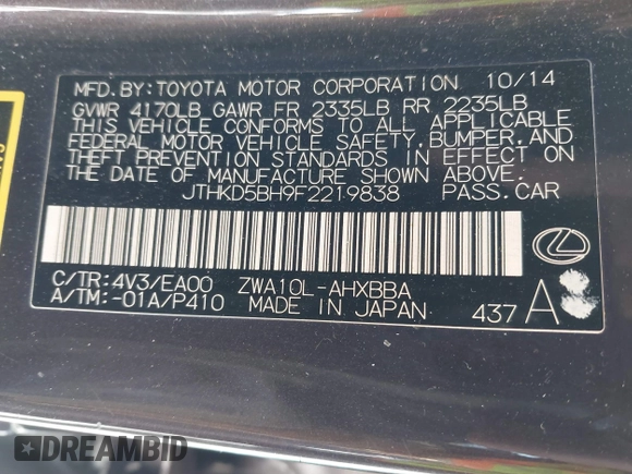 2015 Lexus CT 200h с VIN JTHKD5BH9F2219838, выставлен на аукционе IAAI как лот 41416414 с пробегом 149 986 миль миль и . История ставок и продаж доступна на DreamBid. Изображение 9.