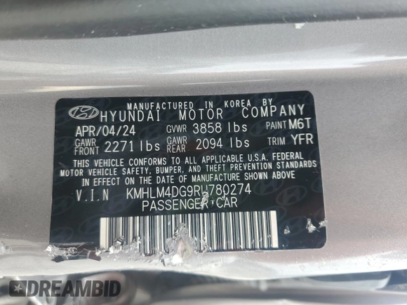 2024 Hyundai Elantra SEL with VIN KMHLM4DG9RU780274, listed as a Copart auction lot 62518085 with 33,363 mi miles and Non repairable. Bid and sale history available at DreamBid. Image 12.