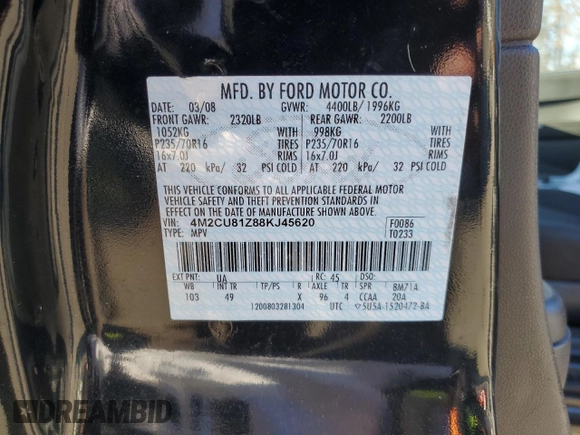 2008 Mercury Mariner with VIN 4M2CU81Z88KJ45620, listed as a Copart auction lot 45960965 with 201,112 mi miles and Salvage title. Bid and sale history available at DreamBid. Image 13.