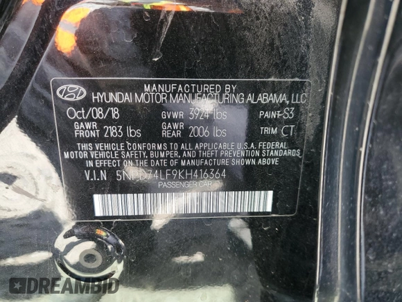 2019 Hyundai Elantra SE with VIN 5NPD74LF9KH416364, listed as a Copart auction lot 53575625 with 62,870 mi miles and Salvage Title. Bid and sale history available at DreamBid. Image 13.