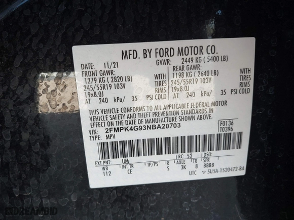 2022 Ford Edge SE with VIN 2FMPK4G93NBA20703, listed as a IAAI auction lot 41282784 with 58,747 mi miles. Bid and sale history available at carsss.com. Image 9.