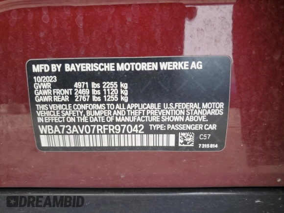2024 BMW 4 Series 430i xDrive с VIN WBA73AV07RFR97042, выставлен на аукционе Copart как лот 53289715 с пробегом 18 766 миль миль и Списание • Salvage title. История ставок и продаж доступна на DreamBid. Изображение 12.