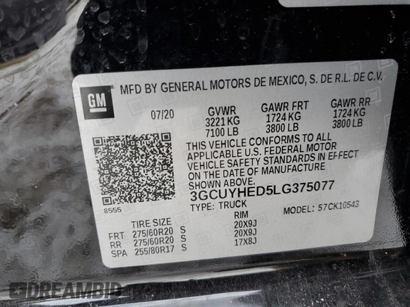 2020 Chevrolet Silverado 1500 High Country with VIN 3GCUYHED5LG375077, listed as a Copart auction lot 88548205 with 62,938 mi miles and Salvage Title. Bid and sale history available at carsss.com. Image 12.