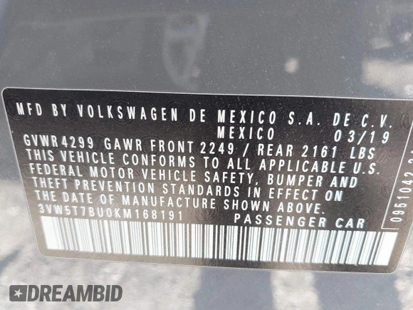 2019 Volkswagen Jetta GLI S with VIN 3VW5T7BU0KM168191, listed as a IAAI auction lot 41796885 with 79,192 mi miles and . Bid and sale history available at DreamBid. Image 9.