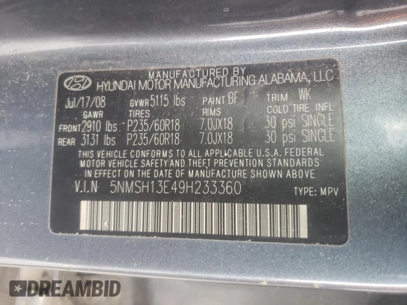2009 Hyundai Santa Fe Limited with VIN 5NMSH13E49H233360, listed as a Copart auction lot 49958795 with 214,328 mi miles and Salvage title. Bid and sale history available at DreamBid. Image 13.