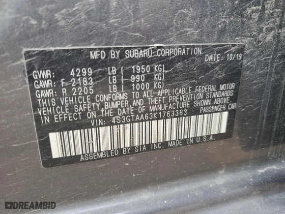 2019 Subaru Impreza with VIN 4S3GTAA63K1763383, listed as a Copart auction lot 79933344 with 109,334 mi miles and Salvage Title. Bid and sale history available at carsss.com. Image 13.
