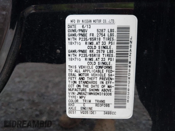 2013 Nissan Murano SV with VIN JN8AZ1MW9DW319306, listed as a IAAI auction lot 42207963 with 153,232 mi miles and . Bid and sale history available at carsss.com. Image 9.