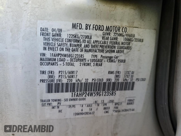 2009 Ford Taurus SEL with VIN 1FAHP24W59G123585, listed as a Copart auction lot 48566855 with 152,964 mi miles and Salvage Title. Bid and sale history available at carsss.com. Image 15.