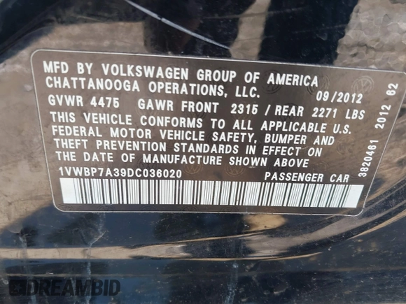2013 Volkswagen Passat SE с VIN 1VWBP7A39DC036020, выставлен на аукционе IAAI как лот 41975615 с пробегом 99 429 миль миль и . История ставок и продаж доступна на DreamBid. Изображение 9.