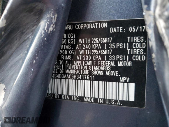 2017 Subaru Outback with VIN 4S4BSAAC9H3417611, listed as a Copart auction lot 43661535 with 120,348 mi miles and Salvage title. Bid and sale history available at DreamBid. Image 14.