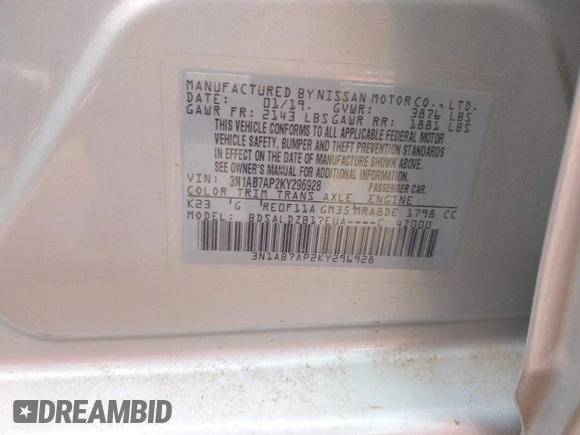2019 Nissan Sentra SV z VIN 3N1AB7AP2KY296928, wystawiony jako IAAI lot #41923708 z przebiegiem 70 853 mil mil oraz . Historia ofert i sprzedaży dostępna na DreamBid. Obrazek 9.