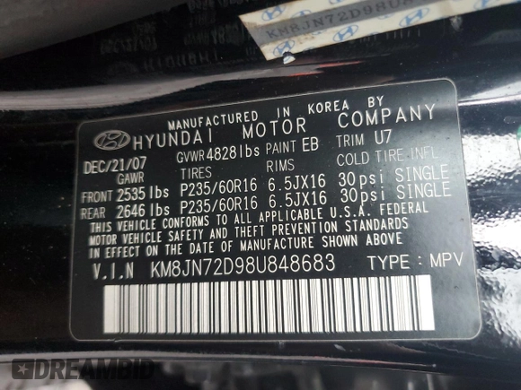 2008 Hyundai Tucson SE with VIN KM8JN72D98U848683, listed as a Copart auction lot 51710895 with 166,801 mi miles and Salvage Title. Bid and sale history available at carsss.com. Image 16.