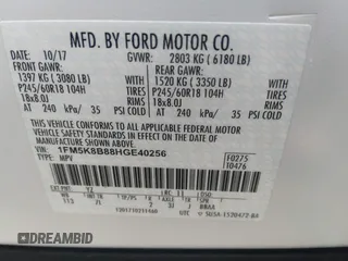 2017 Ford Explorer with VIN 1FM5K8B88HGE40256, listed as a IAAI auction lot 37524396 with 126,263 mi miles and . Bid and sale history available at DreamBid. Image 9.