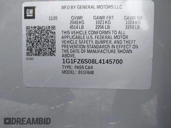 2020 Chevrolet Bolt EV Premier with VIN 1G1FZ6S08L4145700, listed as a IAAI auction lot 41762056 with 13,466 mi miles. Bid and sale history available at carsss.com. Image 9.