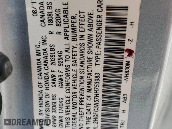 2017 Honda Civic Si with VIN 2HGFC3A57HH753983, listed as a Copart auction lot 51331985 with 93,221 mi miles and Salvage Title. Bid and sale history available at DreamBid. Image 12.