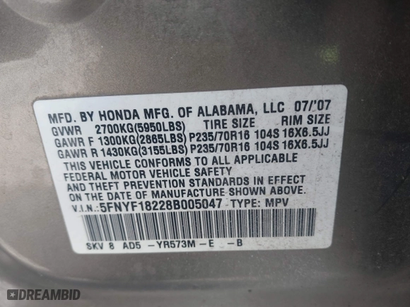 2008 Honda Pilot VP with VIN 5FNYF18228B005047, listed as a IAAI auction lot 41884691 with 260,166 mi miles. Bid and sale history available at carsss.com. Image 9.